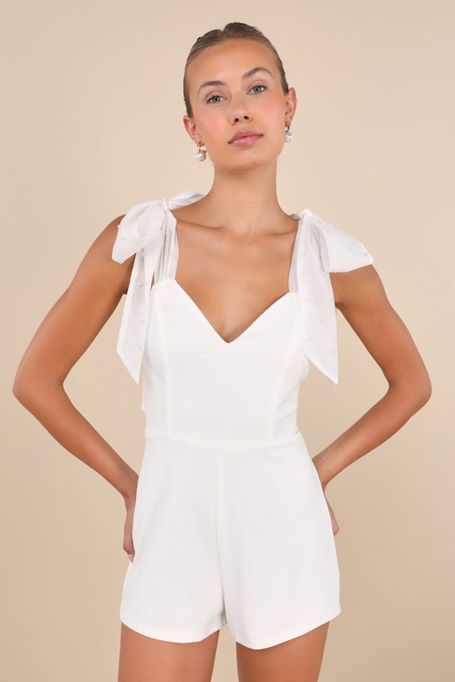 NWT Lulus Certainly Aglow White Organza Pearl Tie-Strap V-Neck Romper Party Sz S